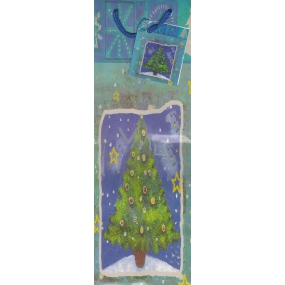 Alvarak Darčeková papierová taška na fľašu 33 x 10,5 x 9 cm modrá so stromčekom 1 kus