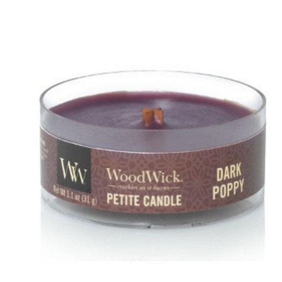 Woodwick Dark Poppy - Vlčí mak vonná sviečka s dreveným knôtom petite 31 g