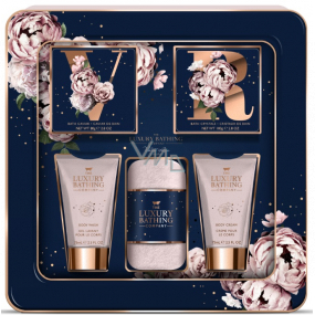 Grace Cole Velvet Rose & Peony umývací gél 75 ml + telový krém 75 ml + kryštály do kúpeľa 100 g + perly do kúpeľa 80 g + flanelová žinka, kozmetická sada pre ženy