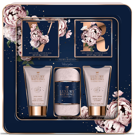 Grace Cole Velvet Rose & Peony umývací gél 75 ml + telový krém 75 ml + kryštály do kúpeľa 100 g + perly do kúpeľa 80 g + flanelová žinka, kozmetická sada pre ženy