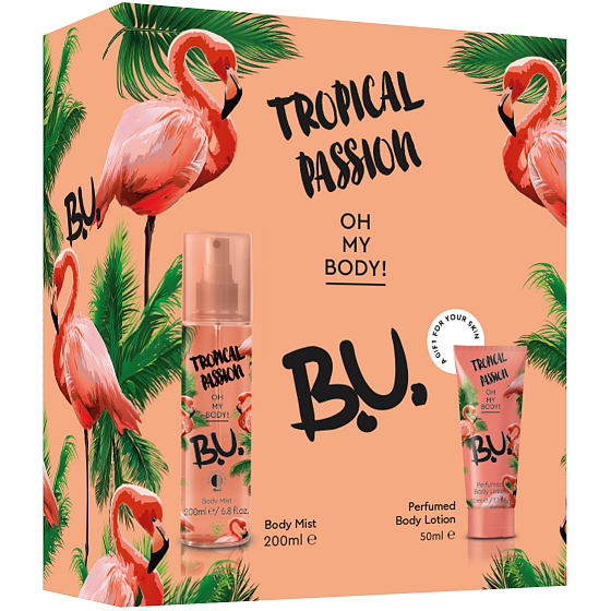 B.U. Tropical Passion telový sprej pre ženy 200 ml + telové mlieko 50 ml, kozmetická sada