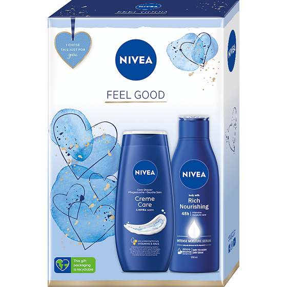Nivea Feel Good Rich Nourishing vyživujúce telové mlieko 250 ml + krémový sprchový gél Creme Care 250 ml, kozmetická sada pre ženy