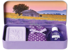 Esprit Provence Levanduľové toaletné mydlo 60 g + esenciálny olej 12 ml + vonné vrecko + plechová škatuľka, kozmetická sada pre ženy