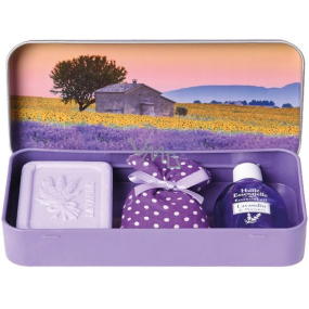 Esprit Provence Levanduľové toaletné mydlo 60 g + esenciálny olej 12 ml + vonné vrecko + plechová škatuľka, kozmetická sada pre ženy