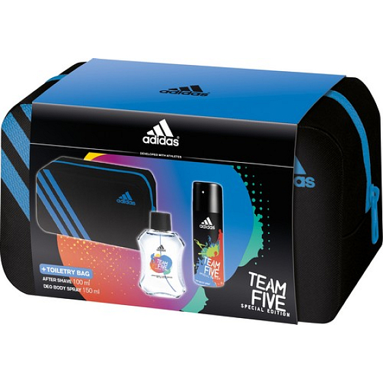 Adidas Team Five voda po holení 100 ml + deodorant sprej 150 ml + toaletná taška, kozmetická sada