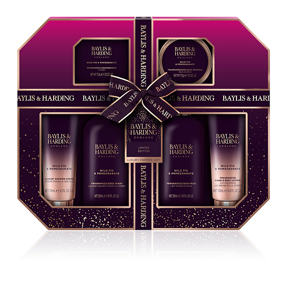 Baylis & Harding Figa a granátové jablko prací gél 300 ml + mlieko do kúpeľa 300 ml + toaletné mydlo 150 g + sprchový krém 130 ml + telové mlieko 130 ml + soľ do kúpeľa 100 g, kozmetická sada pre ženy