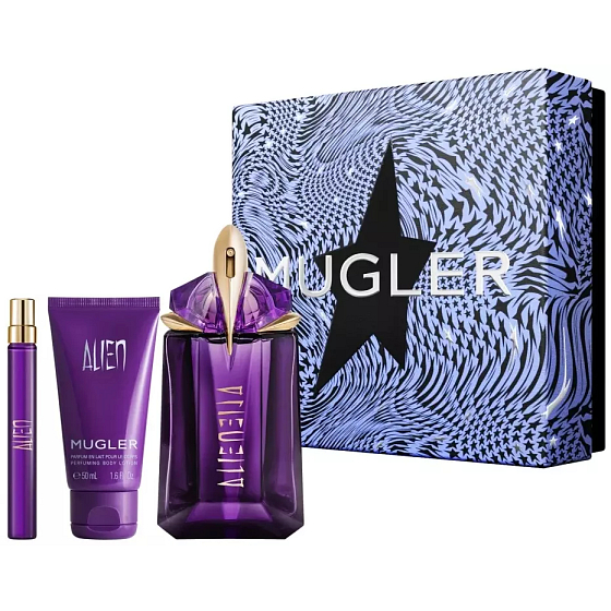 Thierry Mugler Alien parfumovaná voda 60 ml + parfumovaná voda 10 ml miniatúra + telové mlieko 50 ml, darčeková sada pre ženy