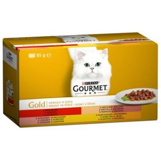Gourmet Gold Multipack hovädzie, morčacie, losos, kuracie konzervy pre dospelé mačky 4 x 85 g