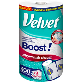 Velvet Boost papierové utierky trojvrstvové 300 útržkov, 39,3 m 1 rolka