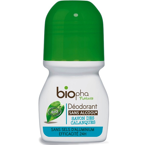BioPha Stredomorská skaliská Calanques guľôčkový antiperspirant deodorant bez alkoholu, soli, hliníka pre citlivú pokožku v bio kvalite roll-on pre ženy 50 ml