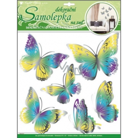 Samolepky na stenu motýle žlutomodrá s pohyblivými striebornými krídlami 39 x 30 cm