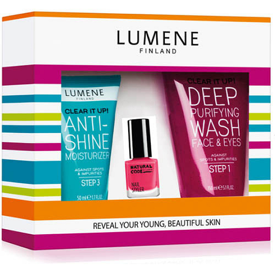 Lumene Clear It Up pre mladú a krásnu pleť čistiaci pleťový gél 150 ml + zmatňujúci krém 50 ml + lak na nechty, kozmetická sada