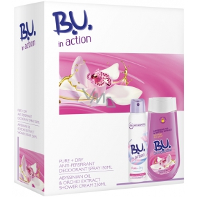 BU In Action Pure + Dry antiperspirant dezodorant sprej pre ženy 150 ml + Abyssian Oil & Orchid Extract sprchový gél 250 ml, kozmetická sada
