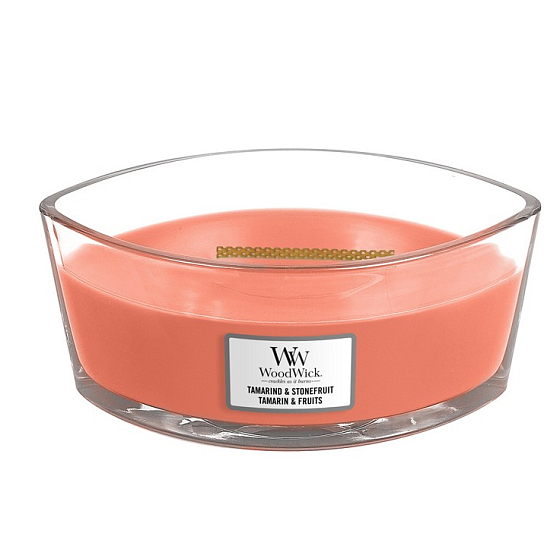 Woodwick Tamarind & Stonefruit - Tamarind a kôstkovice vonná sviečka s dreveným širokým knôtom a viečkom loď 453 g