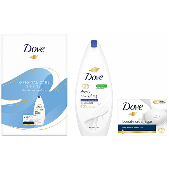 Dove Original Care Hlboko vyživujúci krémový sprchový gél 250 ml + krémové toaletné mydlo Beauty Cream Bar 90 g, kozmetická sada