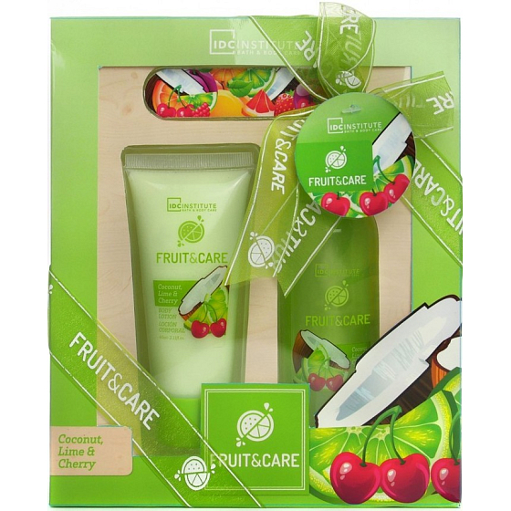 Idc Institute Fruit & Care Coconut, Lime & Cherry sprchový gél 100 ml + telové mlieko 60 ml + pilník na nechty 1 kus, kozmetická sada