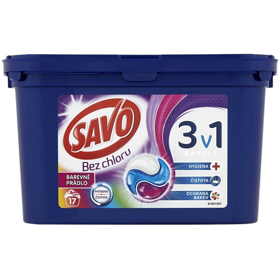 Savo Bez chlóru Color 3v1 gélové kapsule na pranie farebnej bielizne 17 kusov