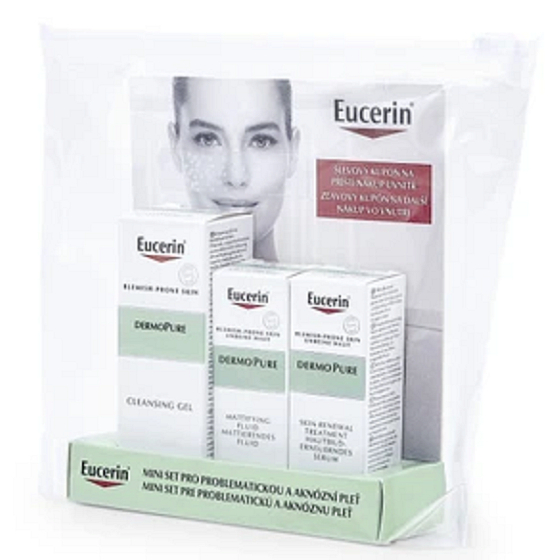 Eucerin DermoPure hĺbkovo čistiaci gél 20 ml + sérum na regeneráciu pleti 5 ml + zmatňujúca emulzia 5 ml, kozmetická sada na problematickú a aknóznu pleť
