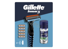 Gillette Sensor 3 holiaci strojček pre mužov + náhradné hlavice 5 kusov + upokojujúci gél na holenie Sensitive s aloe vera 75 ml, kozmetická sada pre mužov