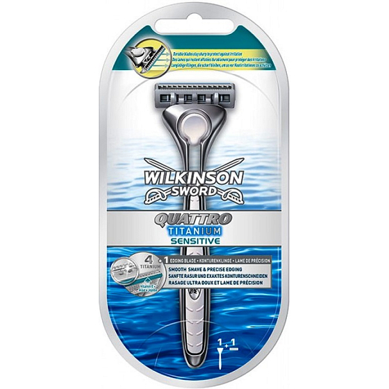 Wilkinson Sword Quattro Titanium Sensitive holiaci strojček pre mužov 1 kus + britva 1 kus