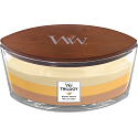 Woodwick Trilogy Golden Treats - Zlaté lahôdky vonná sviečka s dreveným širokým knôtom a viečkom loď 453 g