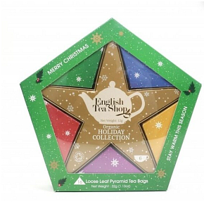 English Tea Shop Bio Holiday Collection Biely čaj Gold Star, liči a kakao + Sezónna siesta + Energia na sviatky + Osvieženie po oslavách + Mäta a melón + Chai Tea Náplň 16 kusov čajových pyramíd, 32 g