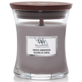 WoodWick Suede & Sandalwood - semišová sviečka s vôňou santalového dreva s dreveným knôtom a skleneným viečkom malá 85 g