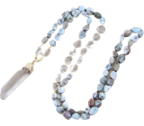 108 Mala Larimar náhrdelník meditačné šperky, prírodný kameň surový kryštál, nuget 6 - 9 mm, prívesok 8 - 15 x 45 - 70 mm