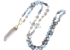 108 Mala Larimar náhrdelník meditačné šperky, prírodný kameň surový kryštál, nuget 6 - 9 mm, prívesok 8 - 15 x 45 - 70 mm