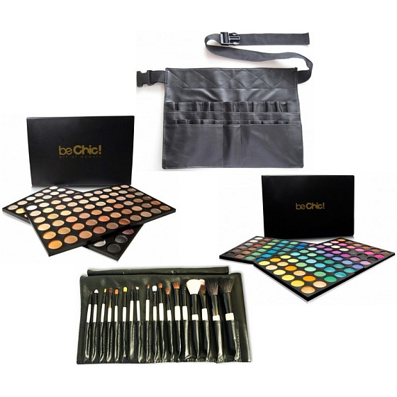 Be Chic! Make-up Artist Professional Art paleta 120 očných tieňov + Professional Art Set Warm paleta 120 očných tieňov + sada 18 kusov kozmetických štetcov + profesionálne puzdro na štetce s opaskom, kozmetická sada