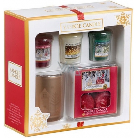 Yankee Candle Vonné votívny sviečky 49 gx 3 kusy - Christmas Magic, All Is Bright, The Perfect Tree + čajová sviečka Christmas Magic 12 kusov + svietnik, vianočné darčeková sada