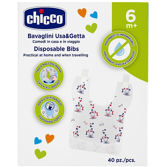 Chicco Easy Meal Podbradník jednorazový, vhodné na cesty, pre deti od 6 mesiacov 40 kusov