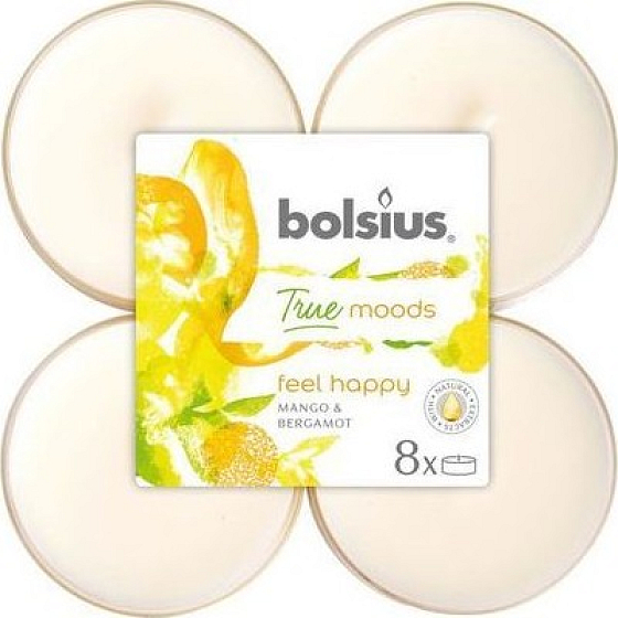 Bolsius True Moods Feel Happy Mango & Bergamot - Mango a bergamot maxi vonné čajové sviečky 8 kusov, doba horenia 8 hodín