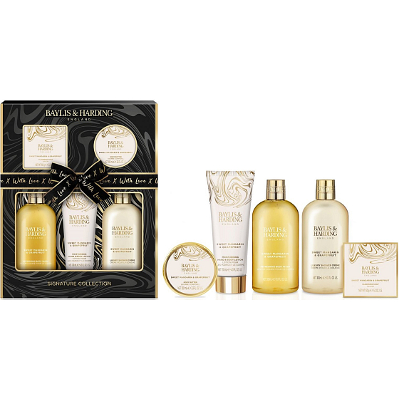 Baylis & Harding Tangerine and Grapefruit sprchový krém 300 ml + sprchový gél 300 ml + telové mlieko 130 ml + tuhé mydlo 150 g + telové maslo 100 ml + kúpeľová hubka, kozmetická sada pre ženy