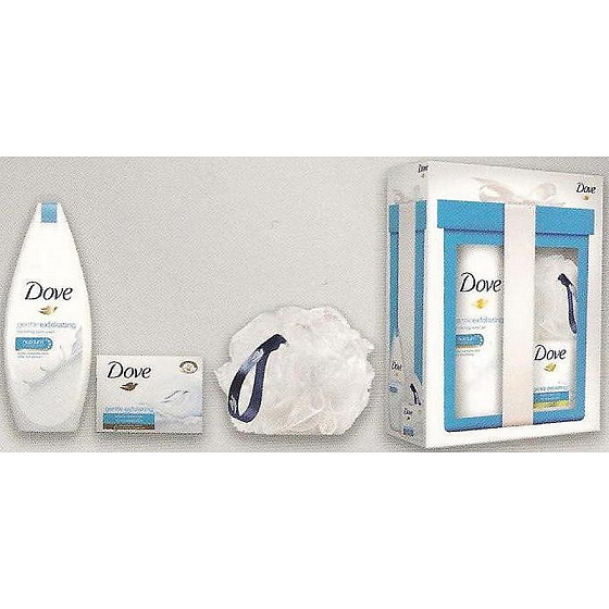 Dove Gentle Exfoliating vyživujúce sprchový gél 250 ml + Gentle Exfoliating krémová tableta 100 g + špongia na umývanie, kozmetická sada