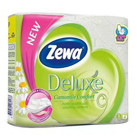 Zewa Deluxe Aqua Tube Camomile Comfort parfumovaný 3 vrstvový 150 útržkov 4 kusov, rolička, ktorú môžete spláchnuť