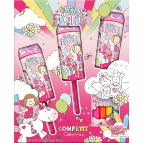 Grace Cole Glitter Fairies kanón s konfetami do kúpeľa 3 x 25 g + farebné pastelky, kozmetická sada pre deti