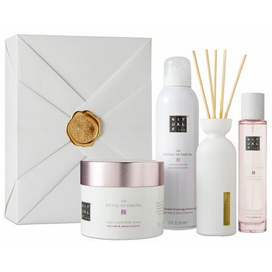 The Ritual Of Sakura sprchová pena 200 ml + telový krém 200 ml + sprej na vlasy a telo 50 ml + difuzér s vonnými tyčinkami 70 ml, kozmetická sada pre ženy