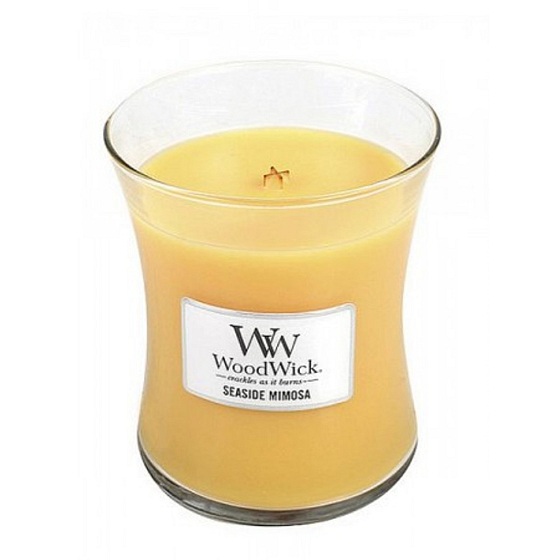 WoodWick Seaside Mimosa - Mimóza na pobreží vonná sviečka s dreveným knôtom a viečkom sklo stredná 275 g
