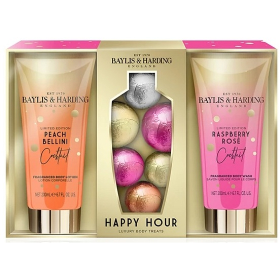 Baylis & Harding Koktejlová hodina Malinová ruže umývací gél 200 ml + Broskyňové Bellini telové mlieko 200 ml + šumivý balistik do kúpeľa 6 kusov, kozmetická sada