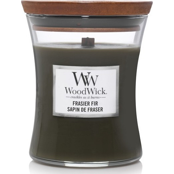 WoodWick Frasier Fir vonná sviečka s dreveným knôtom a viečkom sklenená stredná 275 g