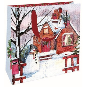 Nekupto Luxusná papierová darčeková taška 23 x 23 cm Vianočný domček a snehuliak