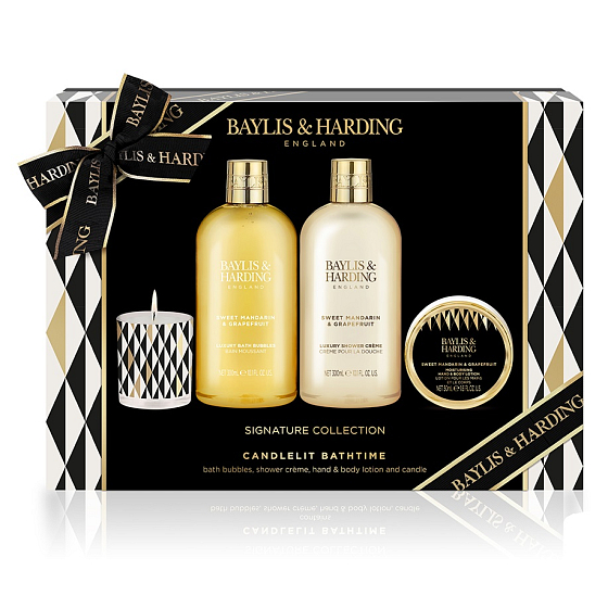 Baylis & Harding Tangerine and Grapefruit pena do kúpeľa 300 ml + sprchový krém 300 ml + mlieko na ruky a telo 50 ml + vonná sviečka 60 g, kozmetická sada pre ženy