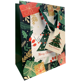 Ditipo Darčeková papierová taška 22,5 x 17,5 x 10 cm Vianočný zelený stromček