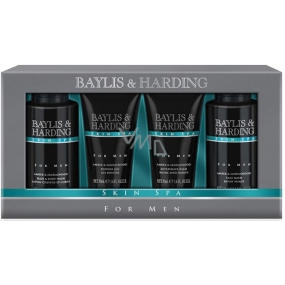 Baylis & Harding Men Jantar a Santalové drevo tekuté mydlo na telo aj vlasy 100 ml + umývací gél na tvár 100 ml + balzam po holení 50 ml + sprchový gél 50 ml, kozmetická sada pre mužov