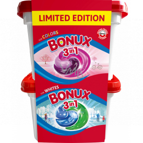 Bonux 3v1 Colors gélové kapsuly na pranie farebnej bielizne + 3v1 Whites gélové kapsuly na pranie bielej bielizne 22 ks