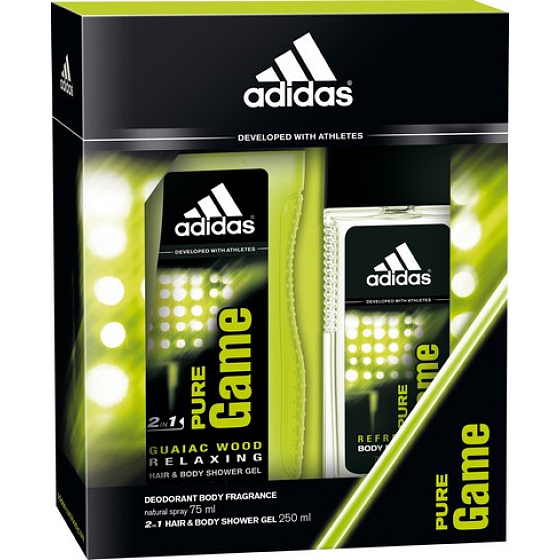 Adidas Pure Game parfumovaný deodorant sklo pre mužov 75 ml + sprchový gél 250 ml, kozmetická sada