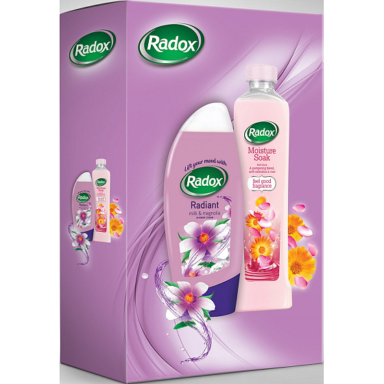 Radox Radiant sprchový gél 250 ml + Moisture Soak kúpeľová pena 500 ml, kozmetická sada