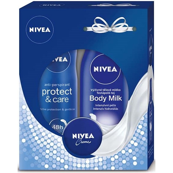 Nivea Body Milk výživné telové mlieko 250 ml + Protect & Care antiperspirant sprej 150 ml + krém 30 ml, kozmetická sada