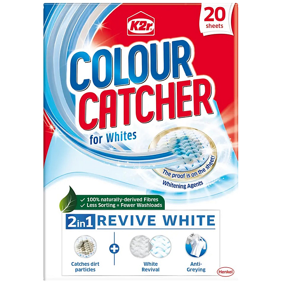 K2r Colour Catcher Stop Staining Pracie utierky na bielu bielizeň a biele obnovenie 20 kusov